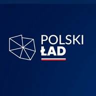 Na granatowym tle napis Polski Ład oraz zarys granic Polski